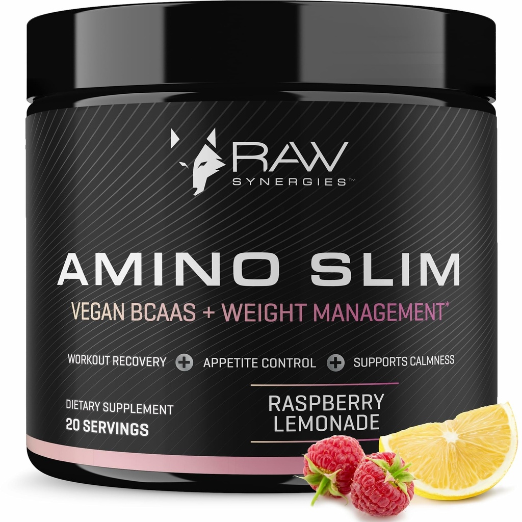 RAW Synergies Amino Slim - Active Lifestyle Supliment pentru suport metabolic și de alimentație mentală - Muscle & Energy Support - Sugar-Free & Vegan - Raspberry Lemonade - 20 Serviri
