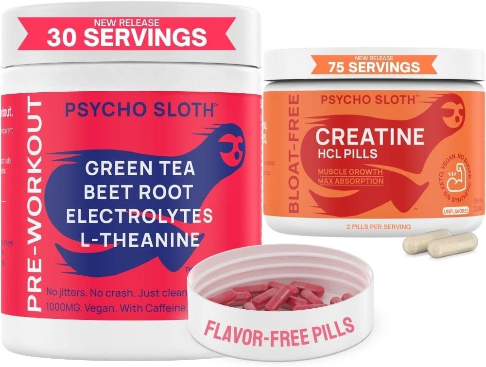 Pastilele de antrenament si pastilele de creatie HCL Bundle - Energie fara sfarsit, crestere musculara, rezistenta, pompa, fara prabusire, fara jitters, fara balonare 30 Pre Workout Serving-uri, 75 Creatine HCL Serviri pentru femei si barbati