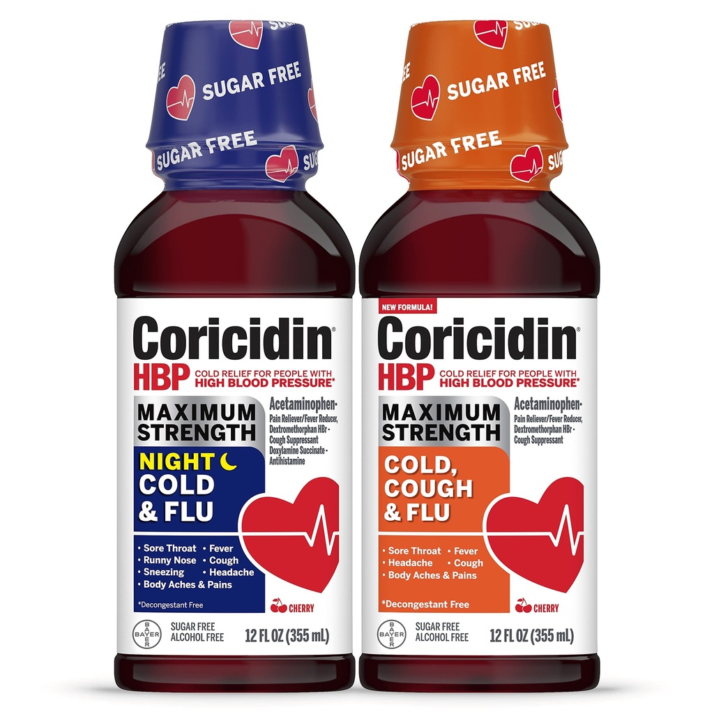 Coricidin HBP Putere maximă rece și gripă zi și noapte fără zahăr lichid Twinpack, medicament rece decongestionant-gratuit pentru adulți cu tensiune arterială mare -12 Fl Oz (Pachet de 2)