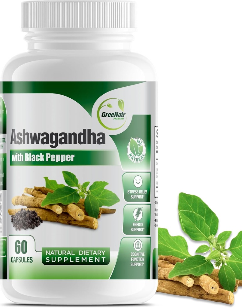GreeNatr Capsule organice Ashwagandha cu Pepper negru pentru absorbție îmbunătățită - Îmbunătățitor de spirit cu energie și funcție cognitivă - 1300 mg Capsule vegetale (1 flacon)
