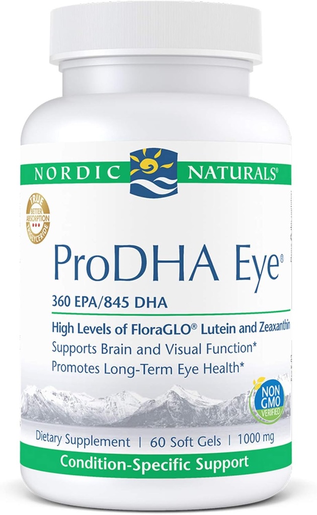 Nordic Naturals ProDHA ochi - ulei de pește, 360 mg EPA, 845 mg DHA, 20 mg FloraGLO Lutein, 4 mg Zeaxantină, Sprijin pentru funcția neurologică și sănătatea ochilor pe termen lung*, 60 Geluri moi