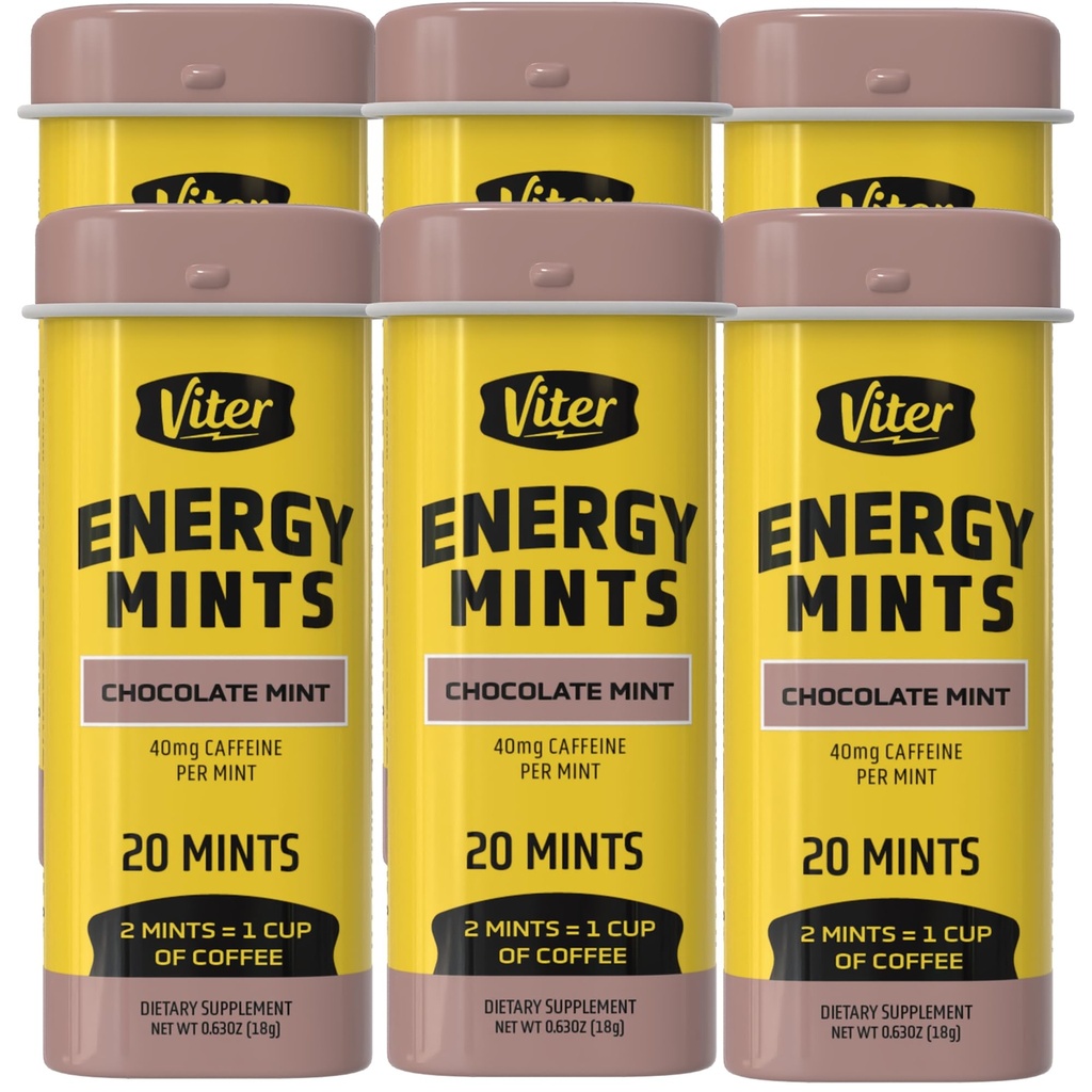 Viter Energy Caffeinated Mints 40mg Caffeine, B Vitamine, Sugar Free. (Chocolate Mint, 20pcs, 6 Pack)