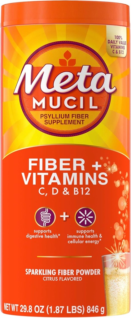 Metamucil Sparkling Fiber Supliment + Vitamine, Plant based Psyllium Husk Powder cu vitamine C, D & B12, Daily Fiber Supliment pentru Digestive Health, Citrus Flavored, Sugar-Free, 90 Serviri
