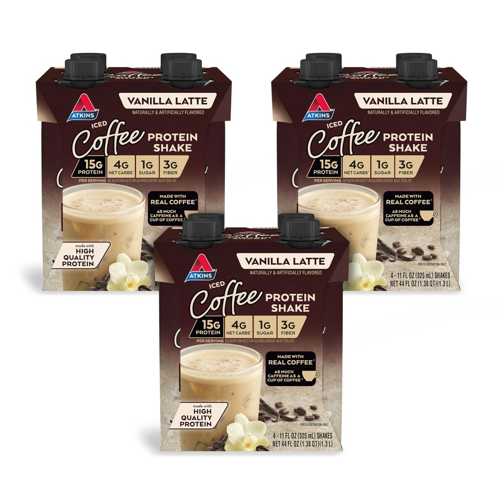 Atkins Iced Coffee Vanilla Latte Proteine Shake, 15g Proteine, Low Glycemic, 4g Net Carb, 1g Zahăr, Keto Friendly, 12 pachete de 11 fl Oz