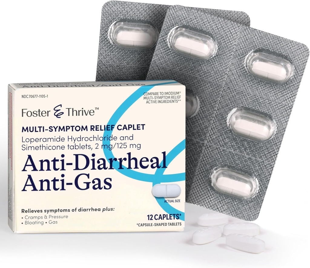 Foster & Thrive Loperamidă clorhidrat și Simethicon anti-Diareal Anti-Gas Multi-Simptom Relief, 48 Caplete, Tratamentul diareei, gazelor naturale, balonare, cramps & Pressure, 12 capete (Pachet de 4)
