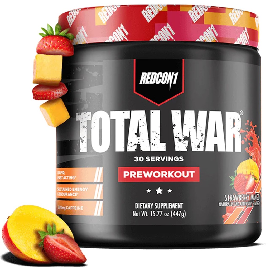REDCON1 Total War Pre Workout, Strawberry Mango - L Citrulline, Malic Acid, Green Leaf Extract pentru Pump Boosting Pre Workout pentru femei și bărbați - 3.2g Beta Alanine pentru a reduce epuizarea, 30 Serviri