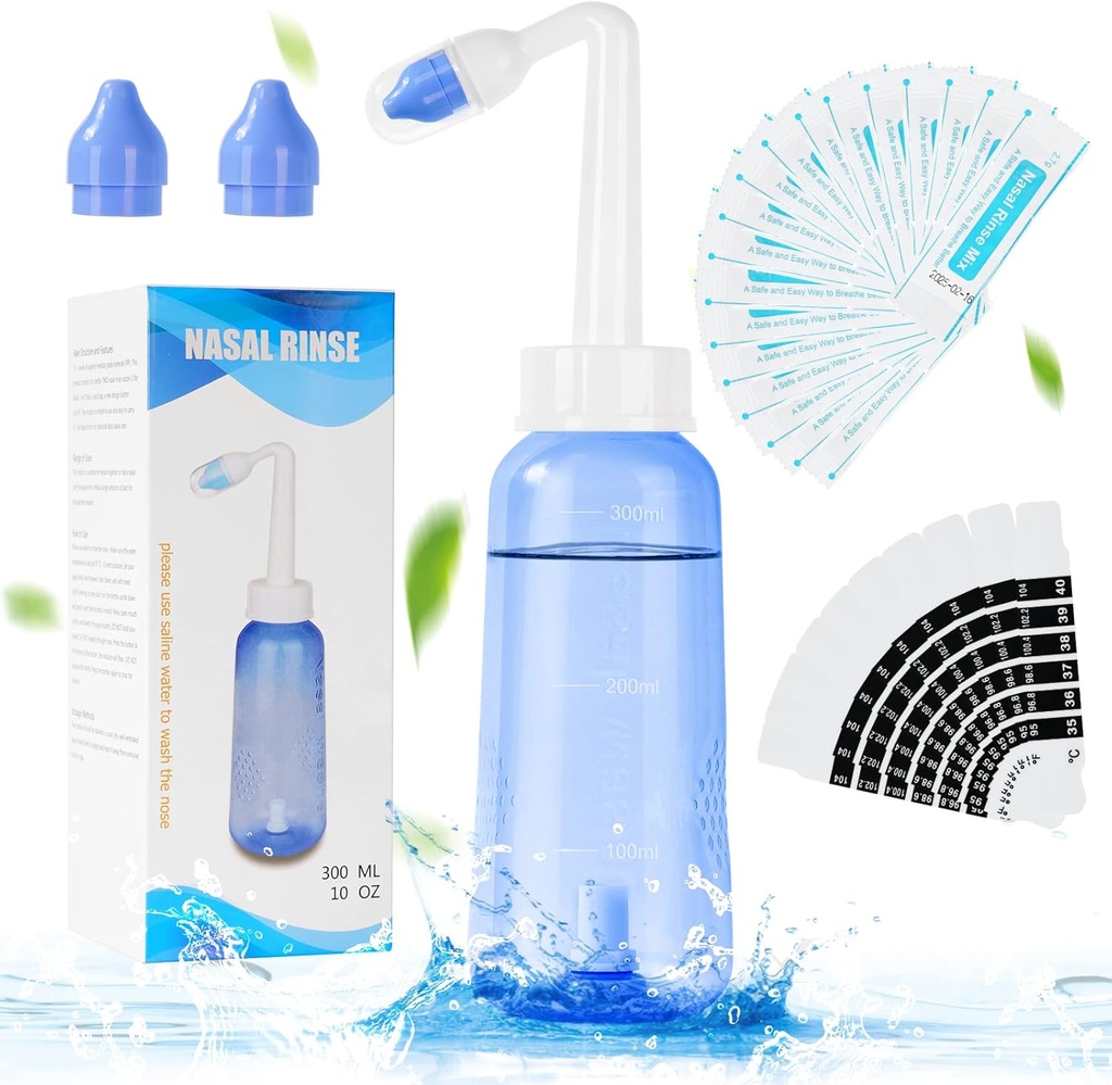 URAQT Neti Pot, Nasal Clătire Kit Nase Curățare nas, 300ml Sticluță Sinus Clătire cu 20 de pachete de sare Nasal Wash și 10 autocolant termometru, Clătire presiune Irigare nazală pentru adulți și copii BPA gratuit