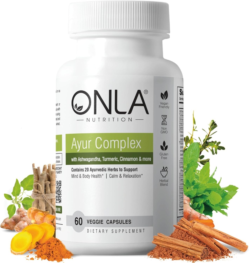 ONLA Vegan Ayurveda Suplimente Herbal (20-in-1 Capsule Herbal) - Suplimente Turmerice cu Ashwagandha, Scorțișoară, Triphala, Brahmi - Ingrediente naturale, Suplimente Herbal Energy (60 Cap)