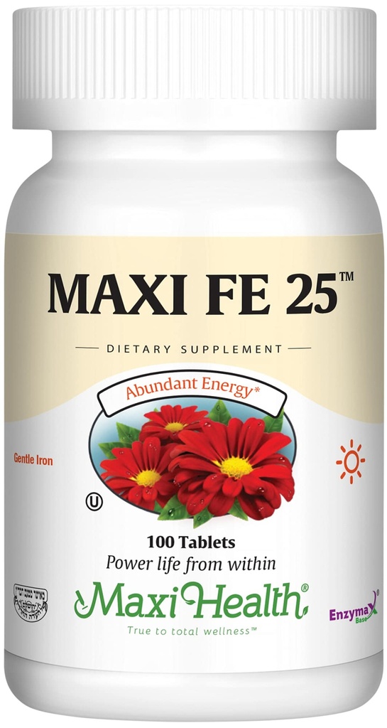 Maxi Health Suplimentul de fier pentru femei și bărbați - Fier blând 25 mg pentru stomac - Necontaminante * Pastile - Kosher - Non OMG - Vegetarian (100 comprimate)