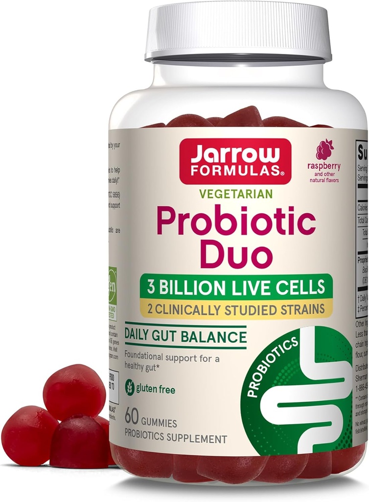 Jarrow Formulas® Probiotic Duo, 3 miliarde de celule vii Supliment pentru sănătate imună și suport digestiv, 60 Aroma de zmeură aroma Probiotic Gummies, 30 de zile de aprovizionare