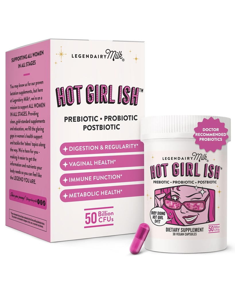Legendairy Milk Hot Girl IshTM - Probiotice zilnice pentru femei cu 50 de miliarde CFU - Femeii Probiotic Supliment cu 20 Probiotice Strine, Prebiotice si Postbiotice pentru Digestive, Gut & Immune Health