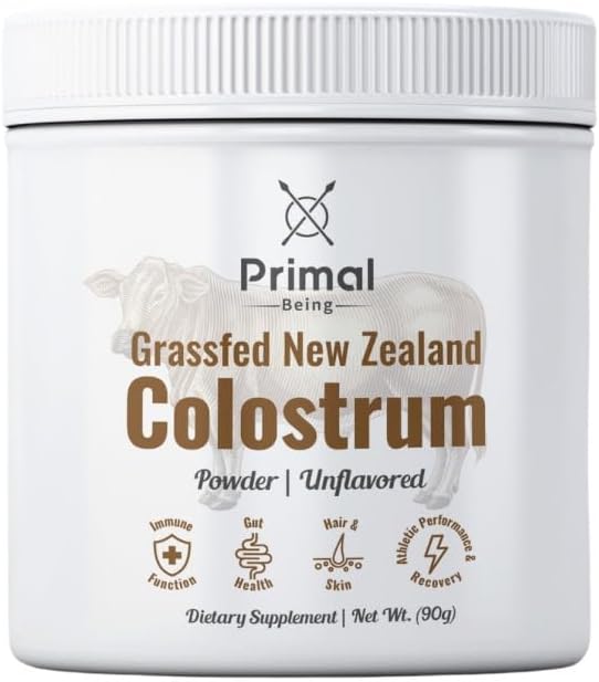 Primal Being Grassfed Beef Colostrum - Suporte Immune Function, Gut Health, Hair, Anti-Aging, Athletic Performance, Recovery - 90 Grams pudra neflavorat, 3000 mg per Serving