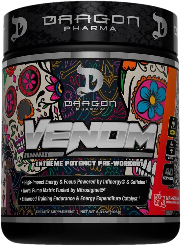 DRAGON PHARMA Venom Extreme Potență Pre-Workout, Laser Sharp Focus + Energie, Performanță intensă, Ingrediente dovedite pentru Vasodilatație îmbunătățită și rezistentă (40 serviri, Mangonada)