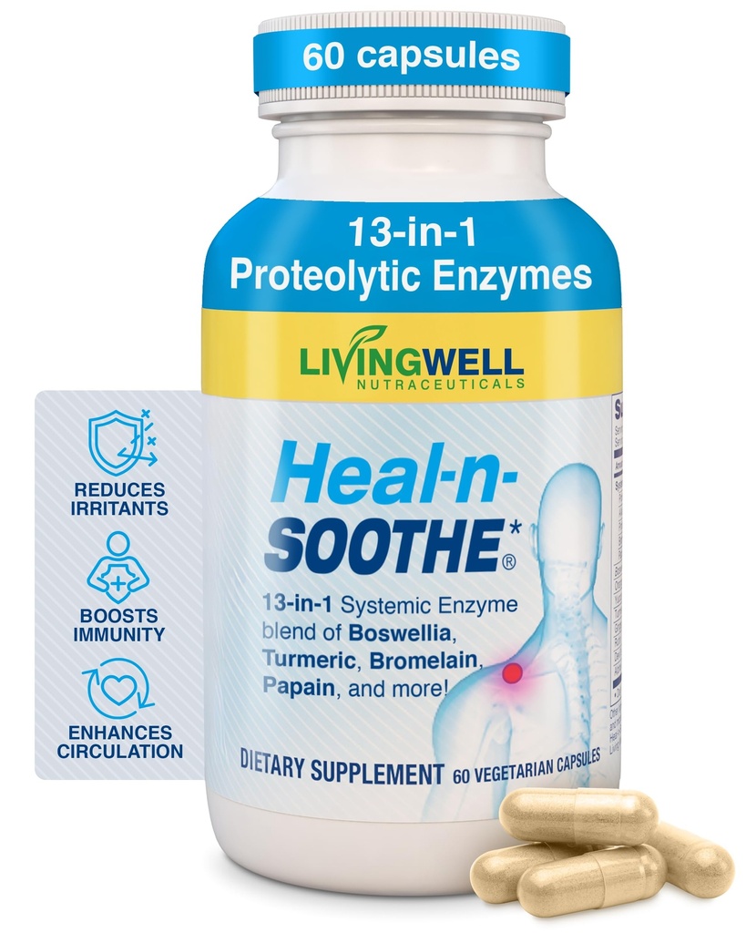 Suplimente de suport comun HEAL-N-SOOTHE - Enzime  Proteolitice cum ar fi Bromelain & Papain, cu Boswellia, Turmeric & Ginger- promovează funcţia digestivă de proteine şi de apărare organism Wellness- 60 Conte (1 ambalaj)