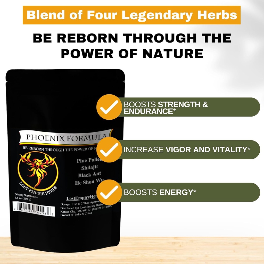 Phoenix Reîntinerire Formula - pierdut Empire Herbs Energie Amestec de 4 Top Natural Health Herbs Pine Pollen, He Shou Wu, Ant, și Shilaj (100g pulbere)