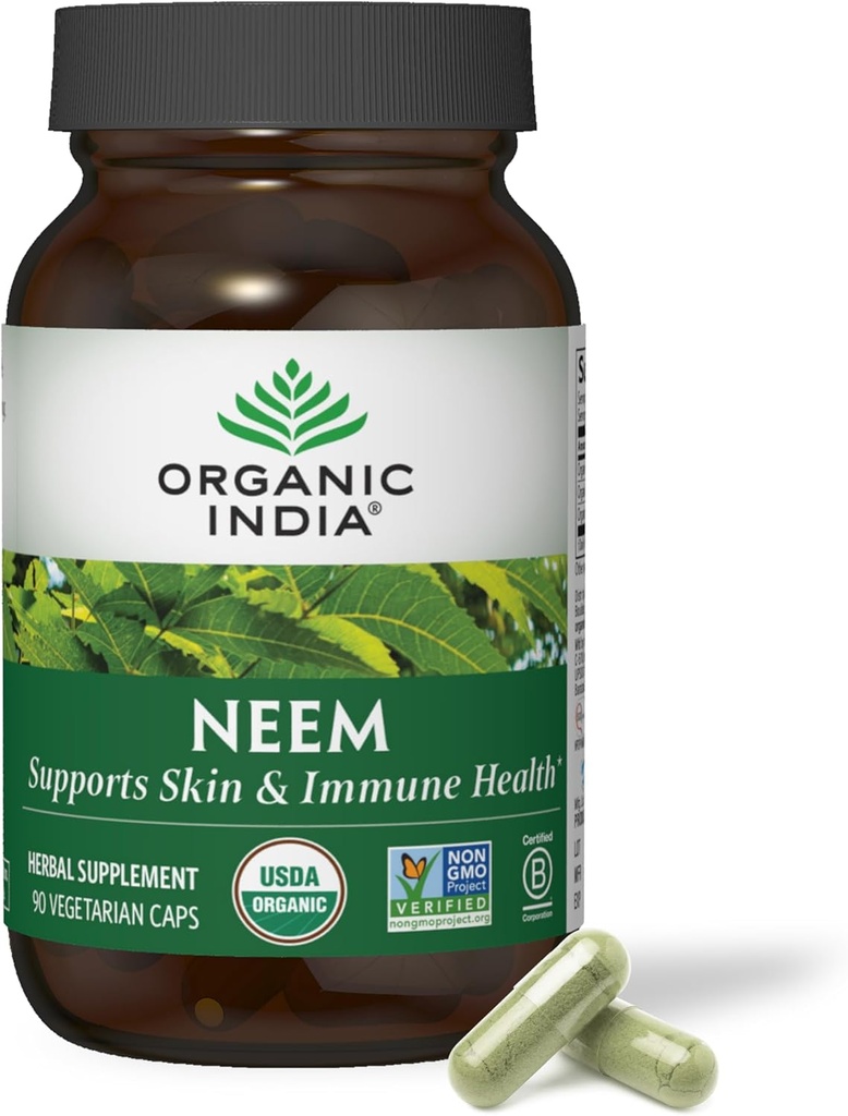 INDIA ORGANIC Neem Leaf Capsule - Herbal Supplement, Suports Skin & Immune Health, Vegan, Gluten Free, USDA Certified Organic - 90 Count