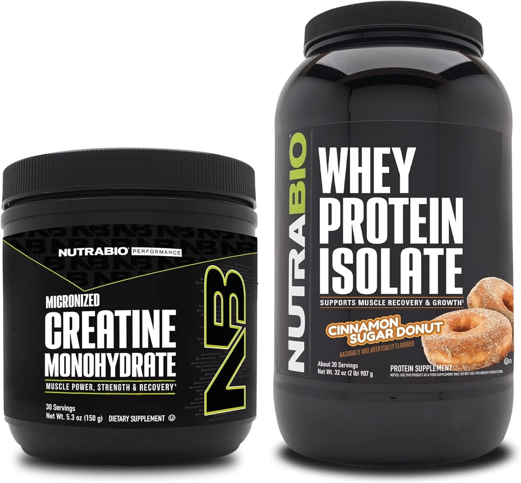 NutraBio Creatin Monohidrat, Nearomated, 150g și Whey Proteine Izolat, Scorțișoară zahăr gogoși, Supliment Bundle - Energie musculară, Lean musculare creștere, recuperare, și puterea