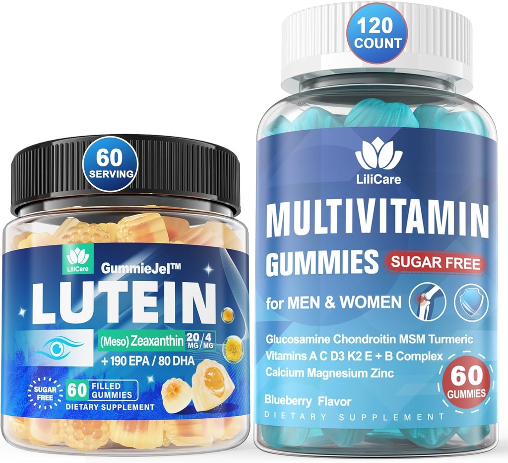 Zahăr Lutein 20 mg Zeaxanthin Eye Vitamine umplute cu gume cu EPA 190mg & DHA 80mg + Multivitamine cu glucosamină Chondroitin MSM pentru suport imun, Bărbaţi şi Femei - (Pachet de 2)