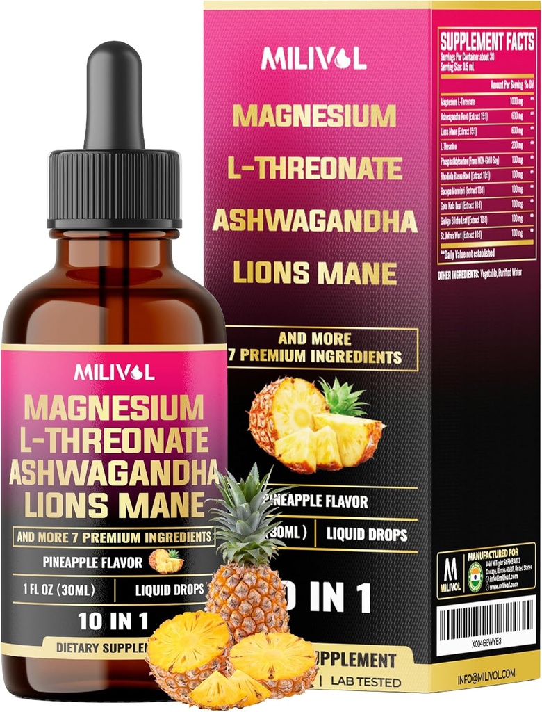 10in1 Magneziu L-Treonat Picături lichide cu Ashwagadha, Lions Mane & 7 Mai multe plante - 1 Fl Oz - Ananas Flavor