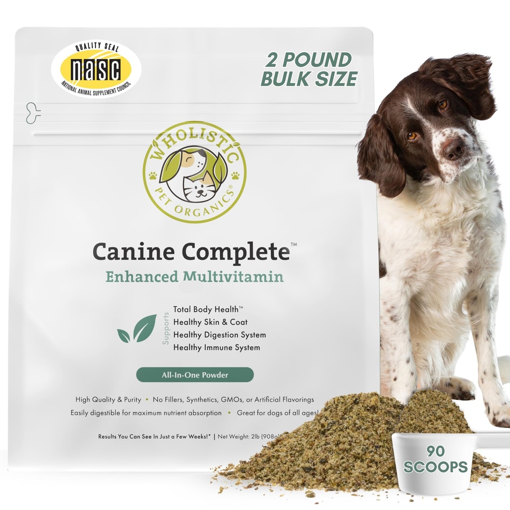Wholistic Pet Organics Canine Complete - Dog Multivitamine pulbere - 2 Lb - Daily Dog Vitamine și Suplimente pentru alimente de casă - Sistem imunitar, Piele, Haină & Sănătate generală - Rasă mică și mare