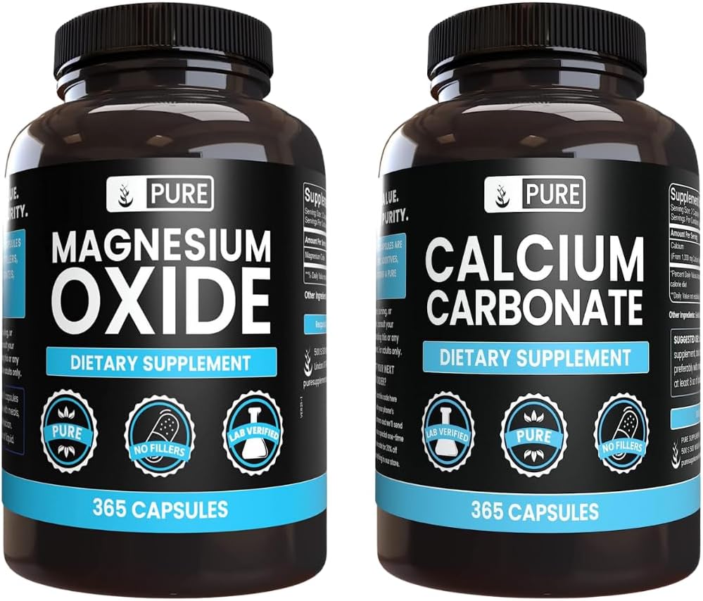 Ingrediente originale pure Carbonat de calciu și oxid de magneziu Bundle, 365 capsule Fiecare, fără file, Alwasy Pure