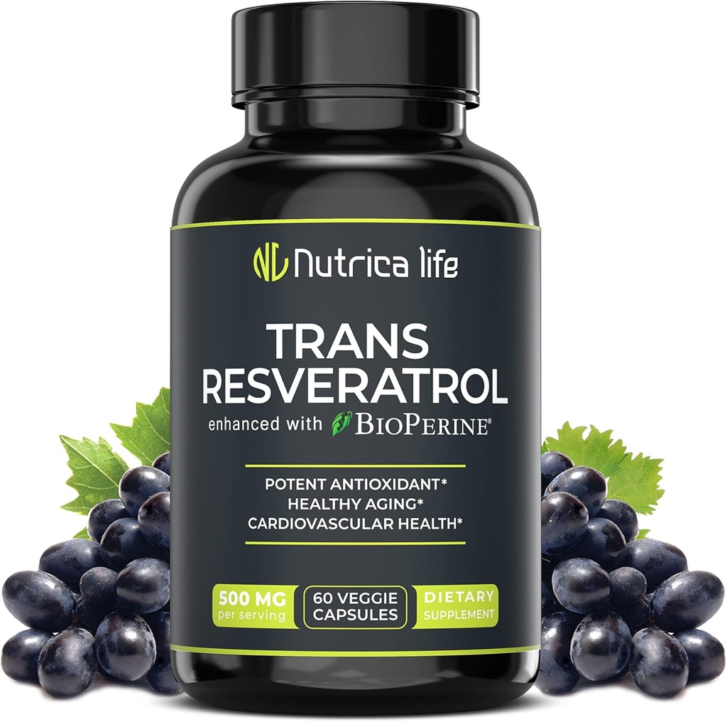 Trans Resveratrol Supliment 500mg potent anti imbatranire Formula, puternic antioxidant pentru inima si sanatate celulara, Creier Booster Suplimente cu Bioperine, 60 Vegan Caps