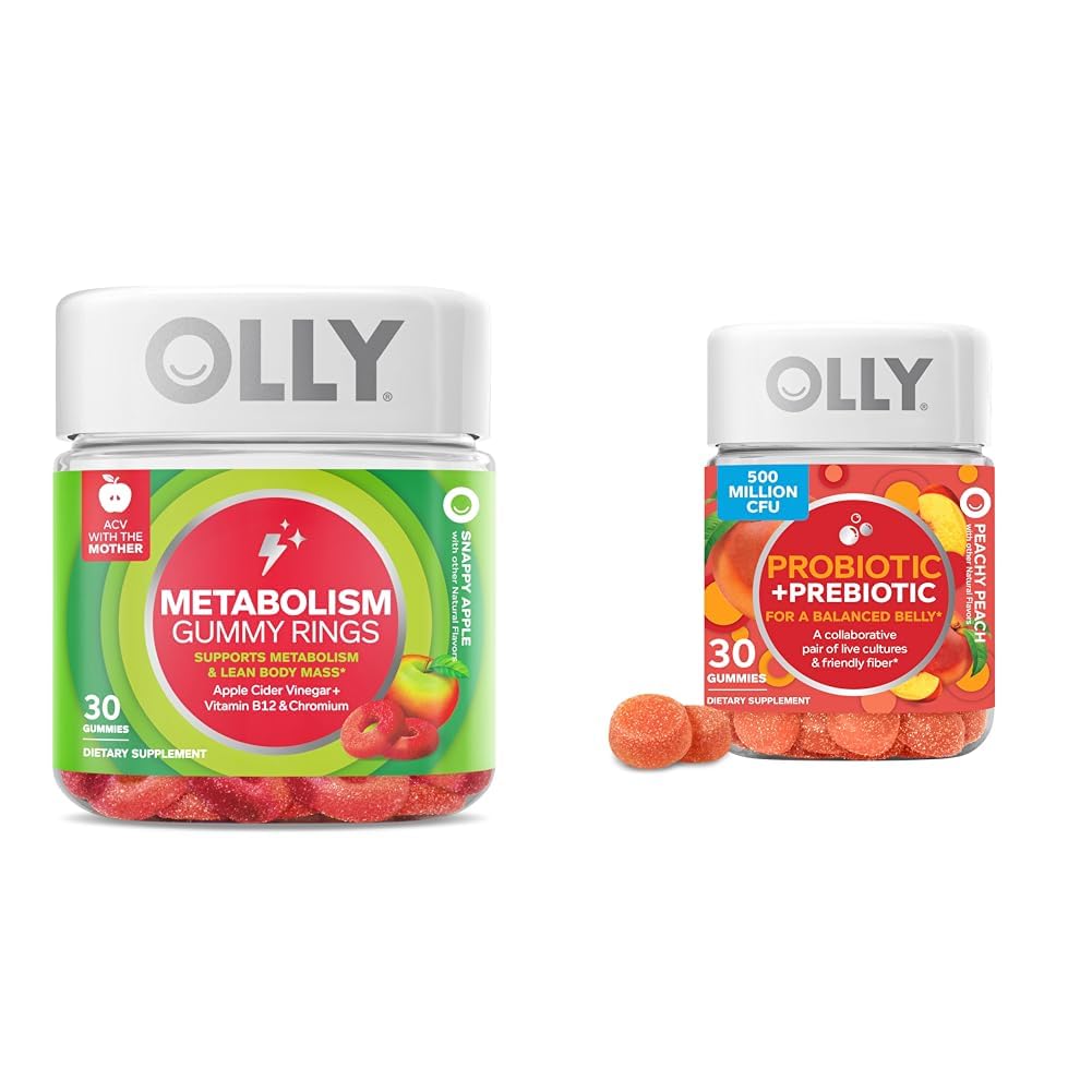 OLLY Metabolism Gummy Rings, Apple Cider Otegar, Vitamina B12, Crom & Probiotic + Prebiotic Gummy, Digestive Support and Gut Health, 500 Million CFUs, Fibră