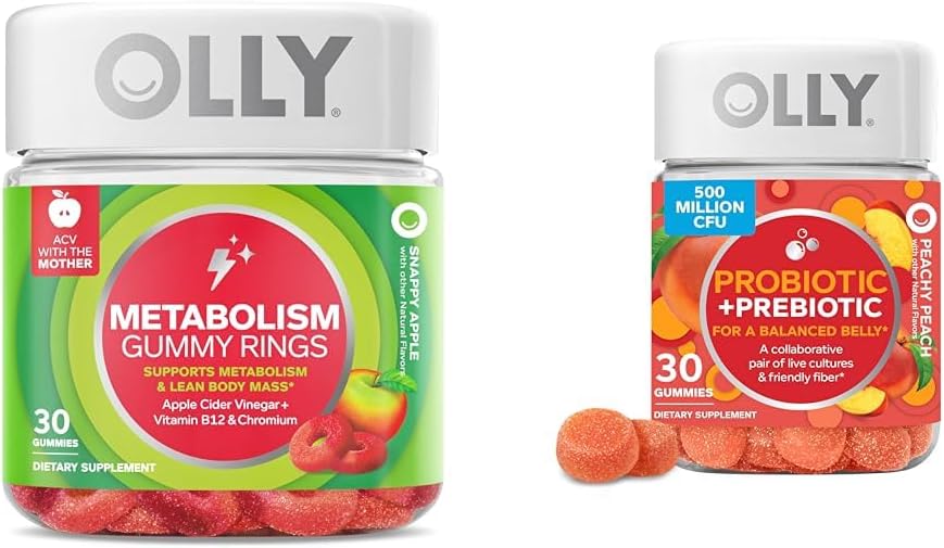 OLLY Metabolism Gummy Rings, Apple Cider Otegar, Vitamina B12, Crom & Probiotic + Prebiotic Gummy, Digestive Support and Gut Health, 500 Million CFUs, Fibră