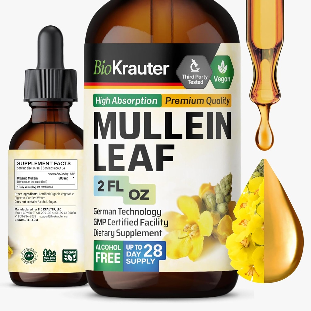 BIO KRAUTER Mullein Leaf Extract pentru plămâni 2 Fl. Oz - 28 zile de aprovizionare - Mullein picături pure pentru Lung Cleanse & Detox - Suplimente respiratorii Vegan - non-GMO, fără zahăr și alcool