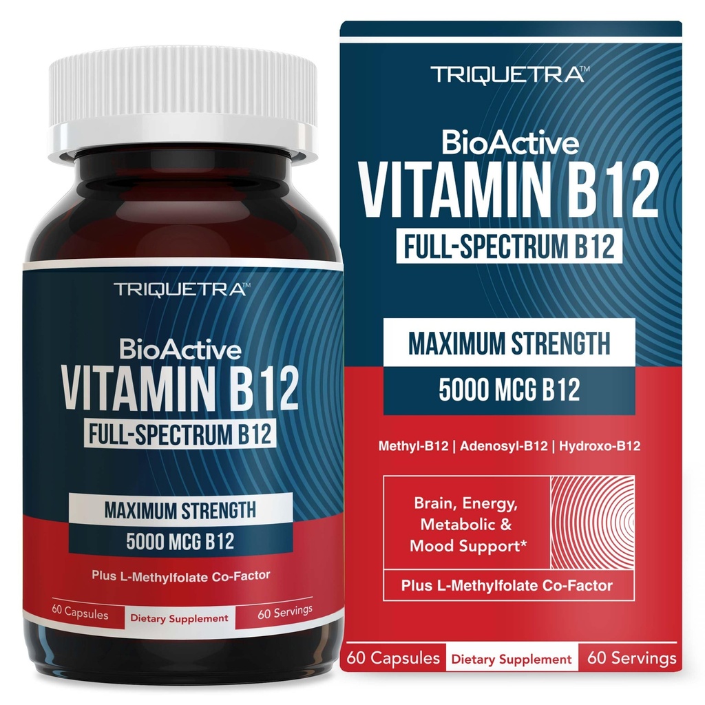 BioActive Vitamina B12 - 5000 mcg, Conține 3 Forme BioActive B12 Plus Metilfolat Cofactor - Metil B12, Adenosyl B12 & Hidroxi B12 