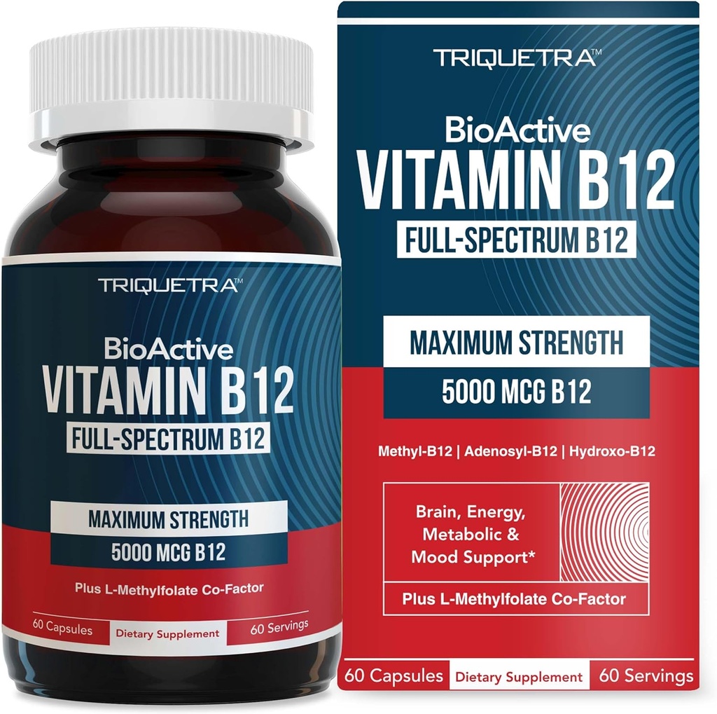 BioActive Vitamina B12 - 5000 mcg, Conține 3 Forme BioActive B12 Plus Metilfolat Cofactor - Metil B12, Adenosyl B12 & Hidroxi B12 