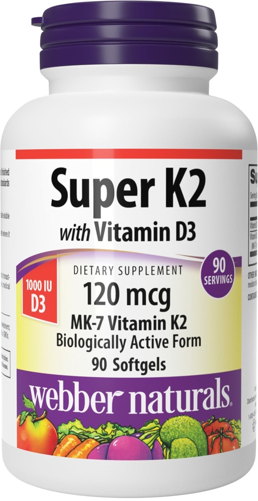 Webber Naturals Super Vitamina K2 MK-7 120 mcg cu vitamina D3, 90 Softgels, Suporturi Oase, Dinți, și sistemul cardiovascular