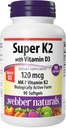 Webber Naturals Super Vitamina K2 MK-7 120 mcg cu vitamina D3, 90 Softgels, Suporturi Oase, Dinți, și sistemul cardiovascular