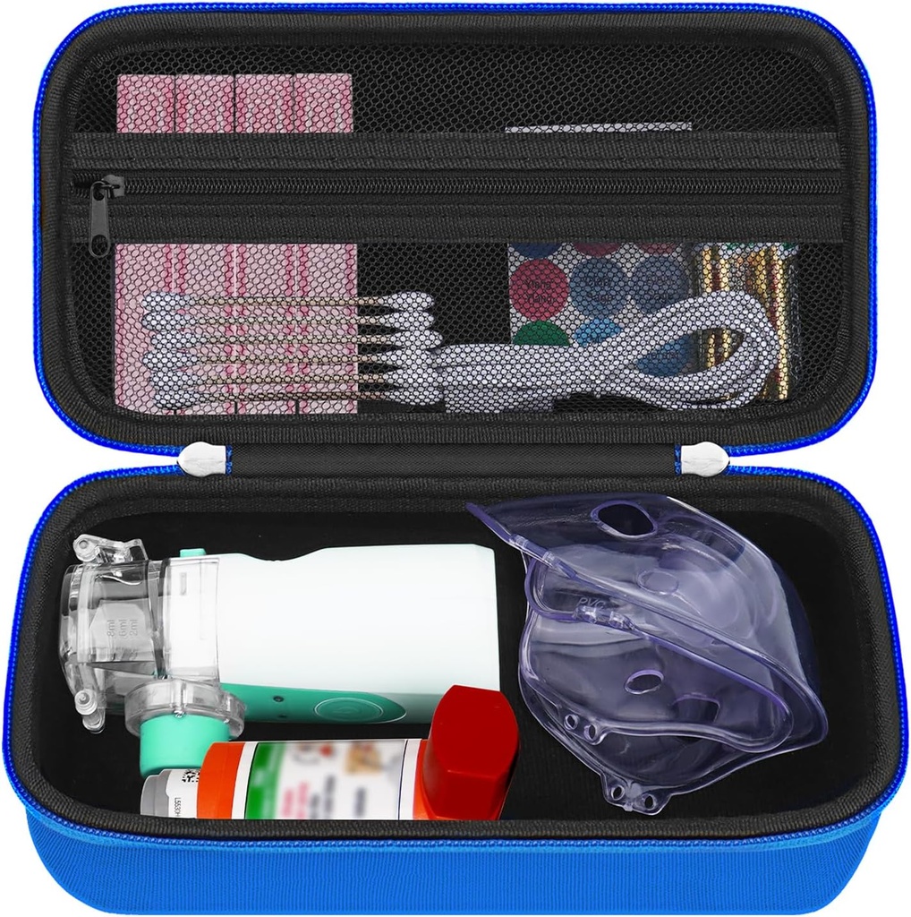 HESTECH Hard Travel Carrying case for Astm Inhaler for Inhaler Spacer, Mask, Inhaler Holder Astma Bag with Mesh Pocket for Saline Solution and Other Essentials, Blue (Numai cauza)