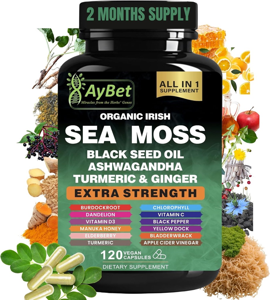 Organic Irish Sea Moss, Black Seed Oil, Ashwagandha, Turmeric, Ginger Capsule, Bladderwrack, Braddock, VIT C&VIT D3, Elderberry, Manuka Honey, Dandelion, Yellow Dock, Apple Cider Otegar, Halal, Vegan