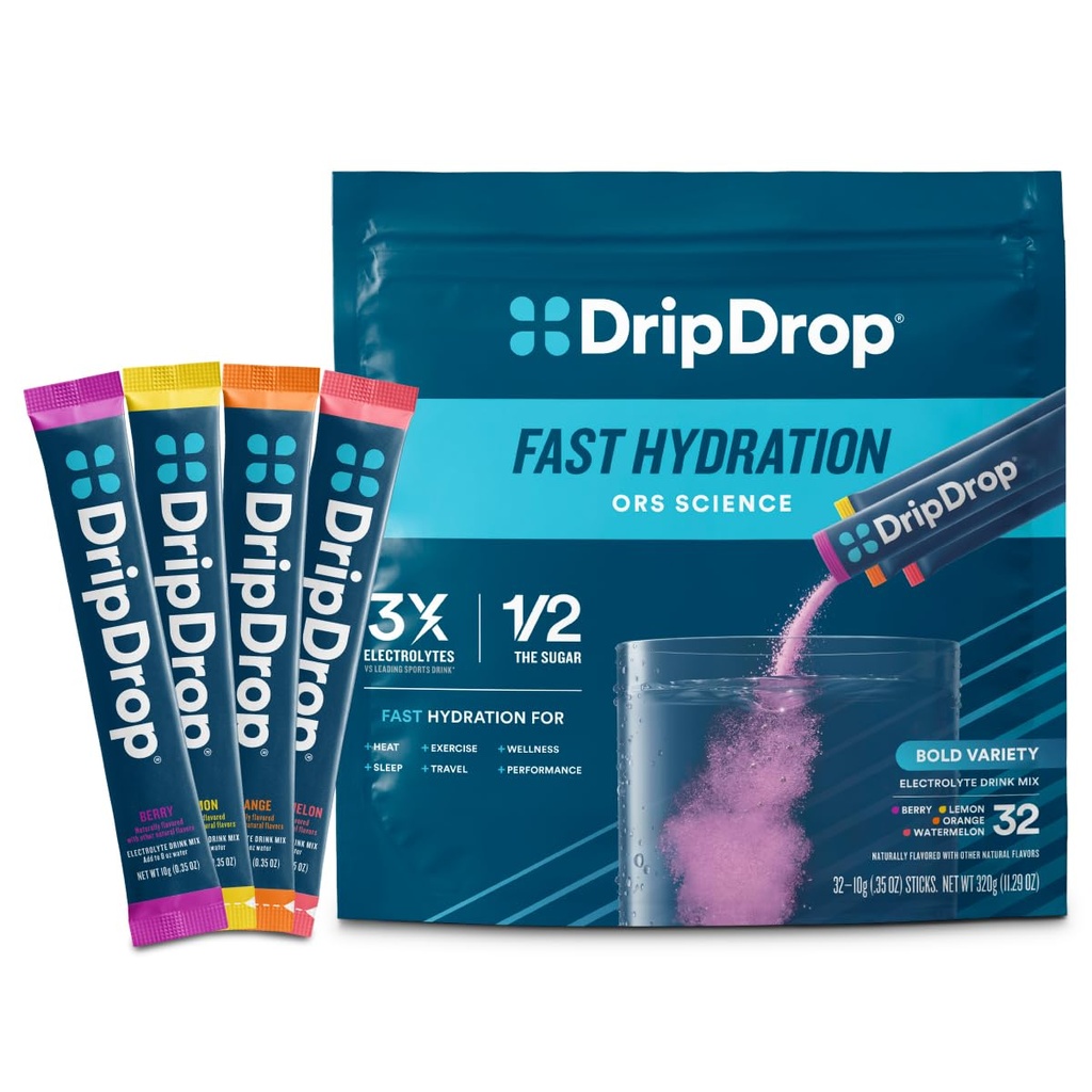 Pachete de hidratare dripDrop - Pachet de varietati cu varietati bold - Electroliti de unică folosinta Mix de praf - Pepene verde, Berry, Lemon, Orange - Non-GMO, Gluten Free, Vegan - 32 Sticks