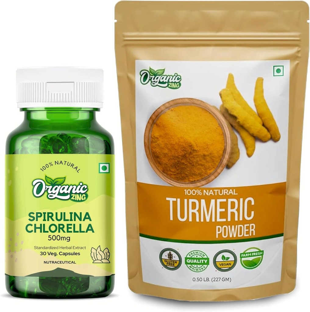 ORGANIC ZING Spirulina Chlorella- 30Cap & Turmeric pulbere- 227g
