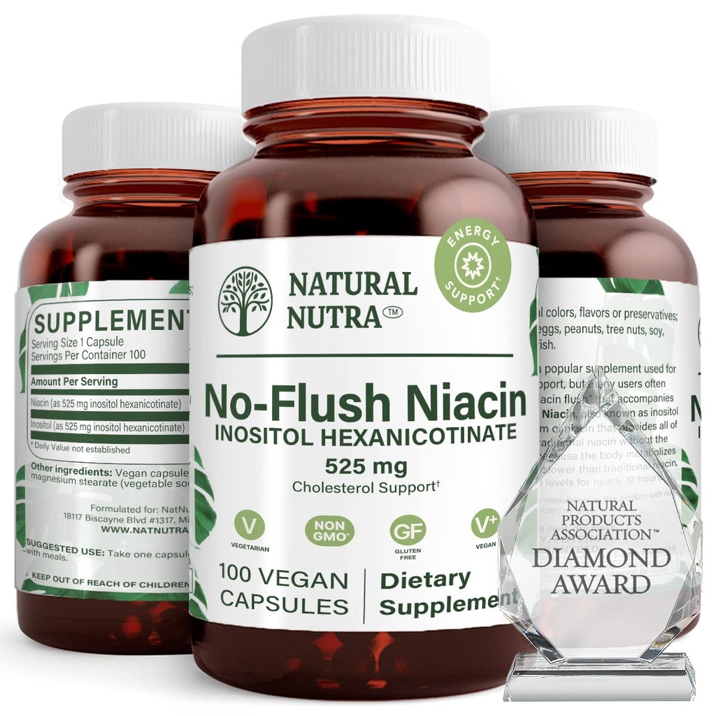 Natural Nutra No Flush Niacin, Suplimentul vitamina B3, ajută la îmbunătățirea sănătății cardiovasculare, ajută la îmbunătățirea texturii pielii, promovează o mai bună funcție a creierului, ajută la stimularea nivelului de energie 525 mg, 100 capsule