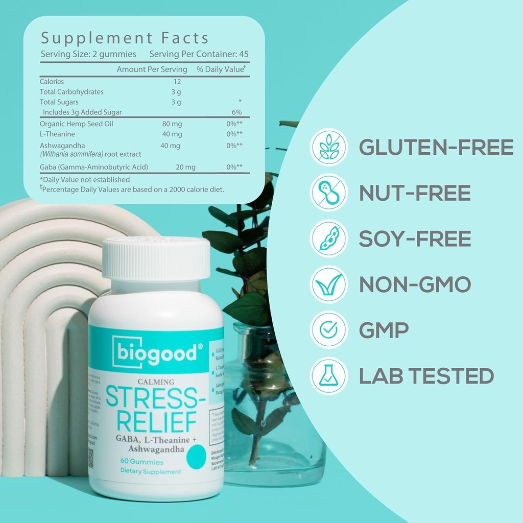 Stress-Relief cu Ashwagandha + L-Theanine, GABA Doză zilnică, 60 Gume