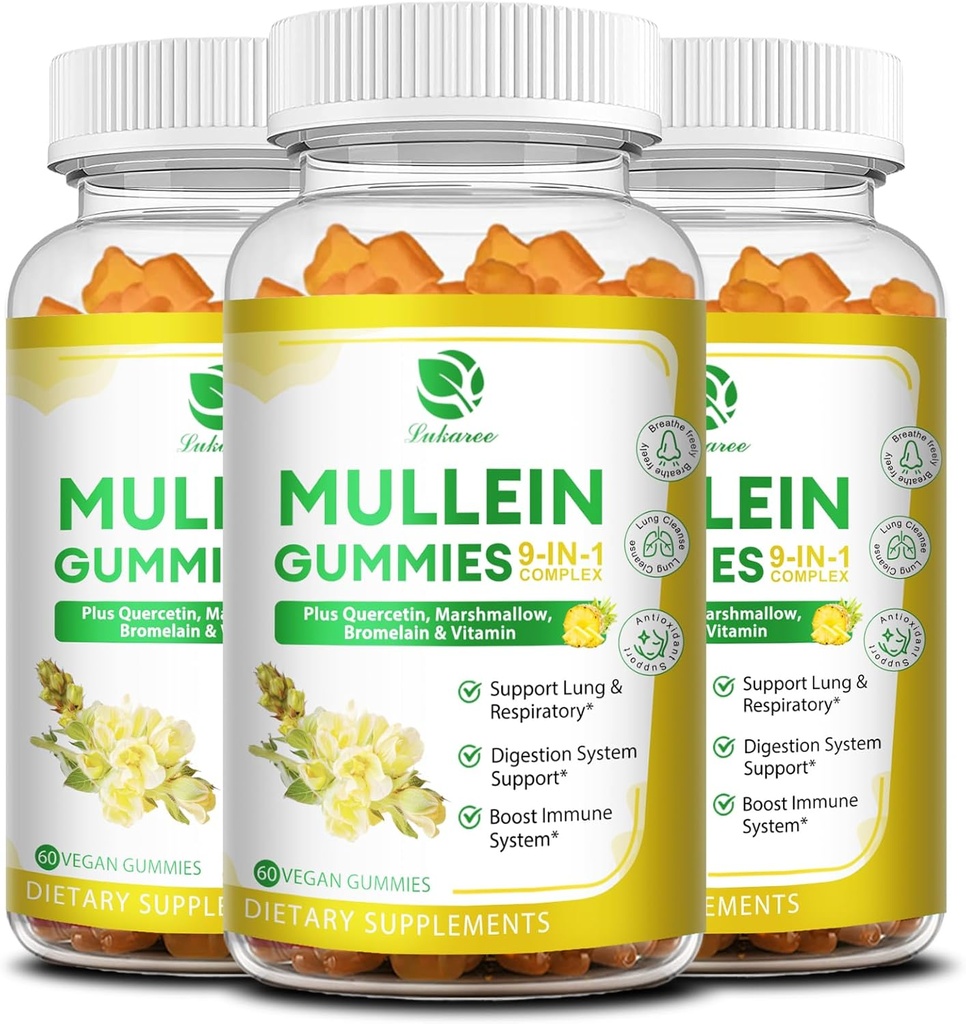 (3 Pack) 9 în 1 Mullein Gummies pentru Lung Cleanse & Detox, Extra Putere Mullein Leaf Extract w/Quercetin, Bromelain, Elderberry & Marshmallow pentru respiratorii, Immune & Digestive, Vegan,180 Count