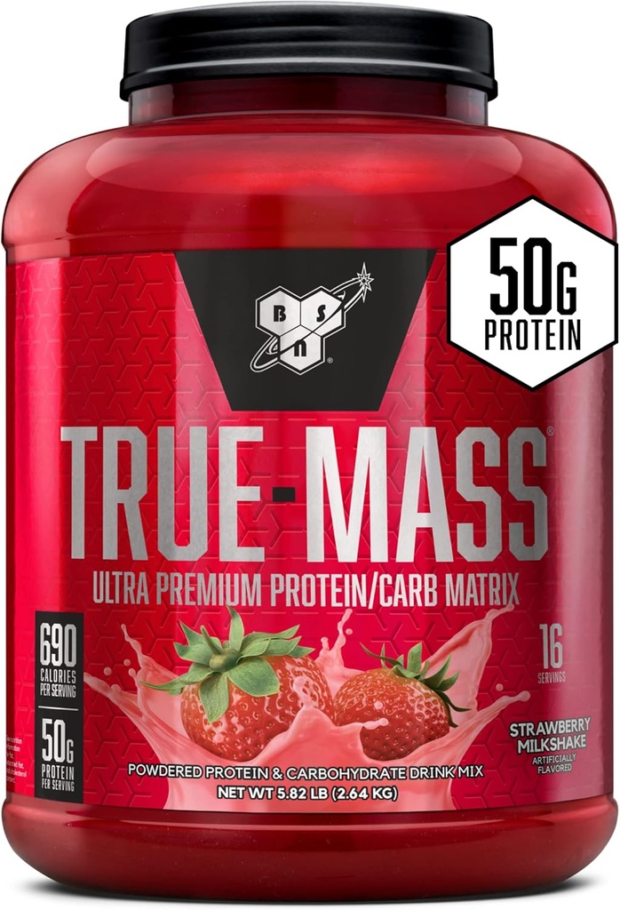 BSN TRUE-MASS Greutate Gainer, Muscle Mass Gainer Proteine pulbere, căpșuni Milkshake, 5,82 Pound
