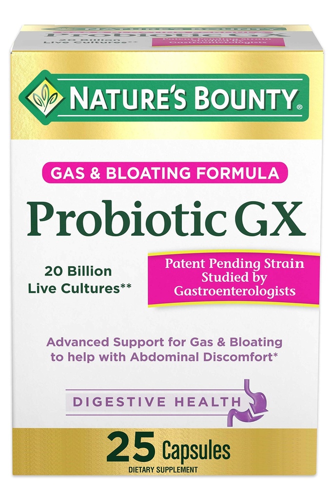 Natura's Bounty Probiotic GX, ajută cu gaz ocazional și balonare, Supliment alimentar, Digestive Health, 25 capsule