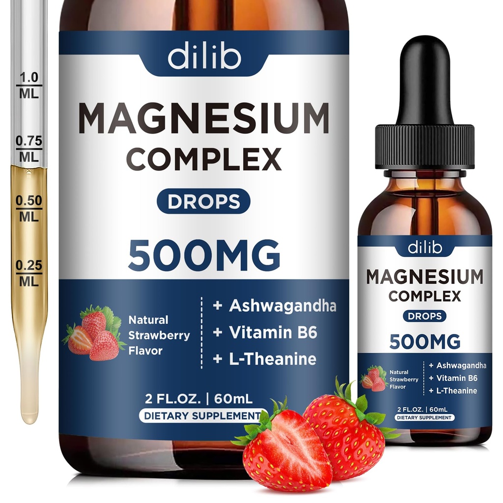 Triple Magneziu Complex Supliment-Magnesium Glicinate, Citrate, Malate Picături lichide 500mg cu Ashwagandha, L-Theanină, Vitamina B6 pentru relief de stres, somn, Muscle Support-Strawberry Flavor