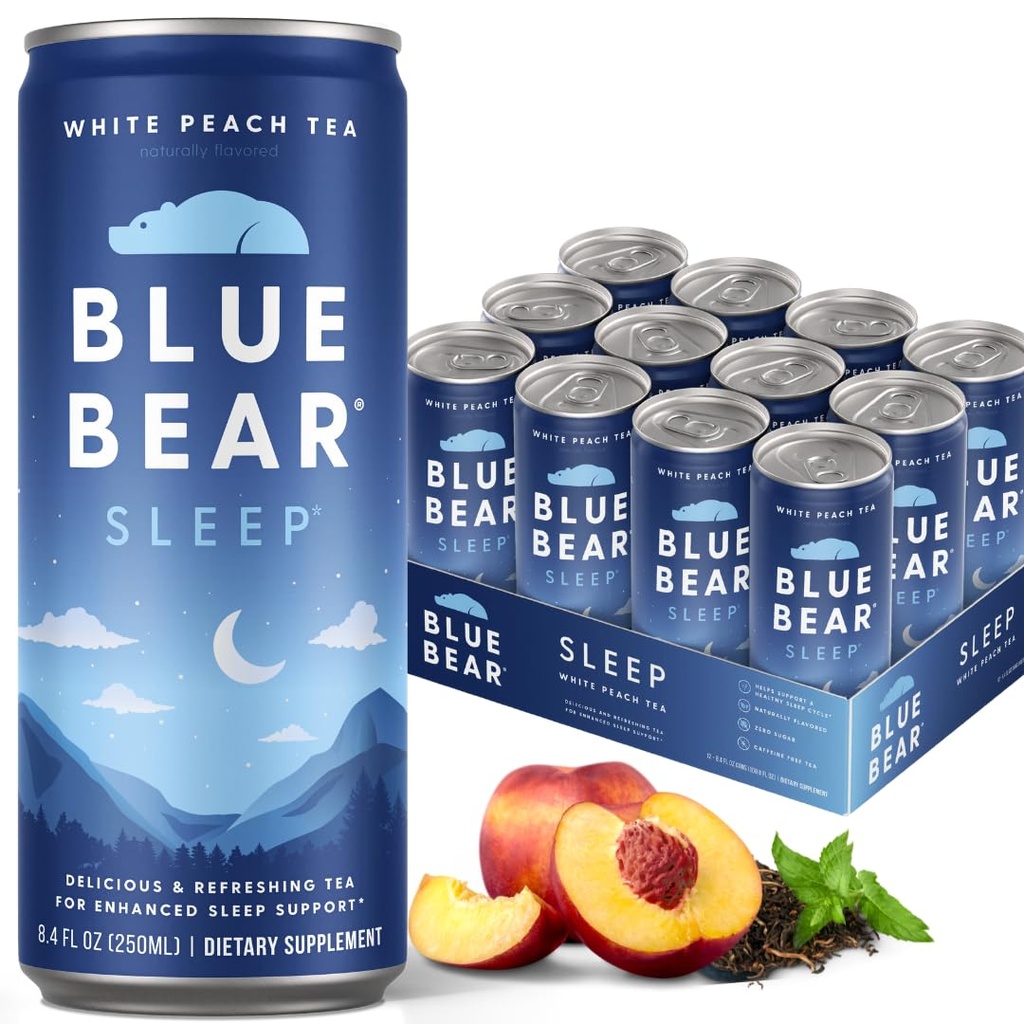 Blue Bear Melatonin Sleep Drink, Sleep Tea for Bedtime Support, White Peach Tea with Melatonin (5mg), Lavender, Ashwagandha, Chamomile, GABA, L-Theanine, Cafeine-Free, Zero Sugar, 8,4 Fl Oz 12-Pack