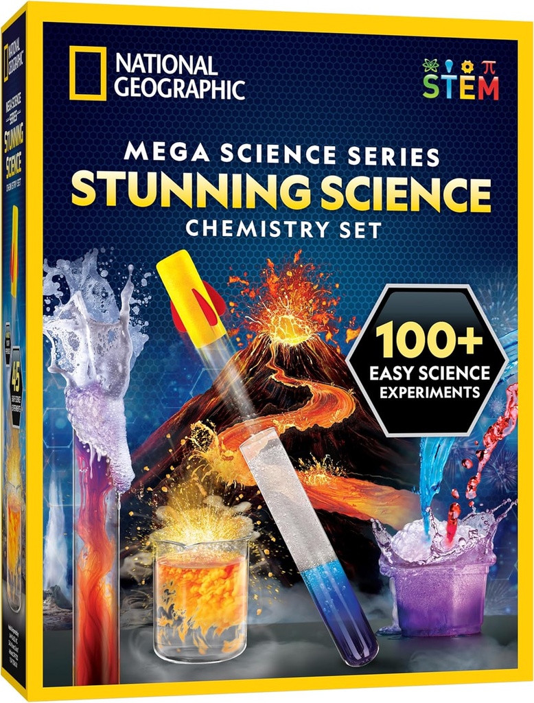 National Geographic Uimitoare Set Chimie - Mega Science Kit cu 45 de experimente Easy- Asigurați-vă un vulcan și lansați o rachetă, Proiecte STEM pentru copii Vârsta 8-12 ani, jucării științifice (exclusiv)
