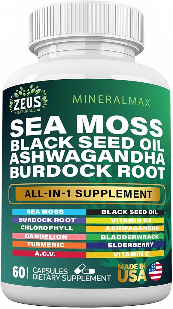 Sea Moss 3000mg Black Seed Oil 2000mg Brodock Root 1000mg Bladderwrack 1000mg Turmeric 1000mg Ashwagandha 1000mg - Elderberry, VIT C, VIT D3, Manuka, ACV (60 Count)