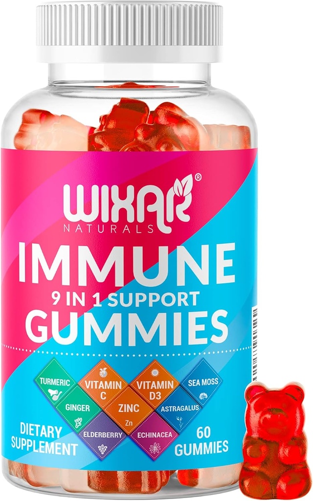 9 din 1 Gummie de sprijin imun cu Elderberry, Vitamina C&D, Zinc, Turmeric, Ghimbir, Echinacea, Astragalus & Sea Moss pentru Imunity Supplement - 60 Gummies