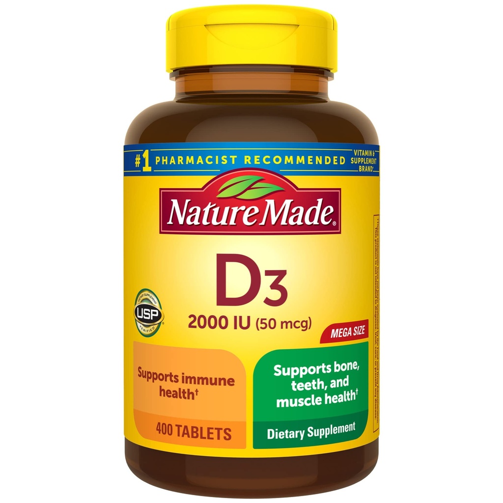 Natural Made Vitamina D3 2000 UI (50 mcg), Vitamina D Supliment pentru Bone, Dinţi, Musculare şi Imune Health Support, 400 comprimate, 400 zile de aprovizionare