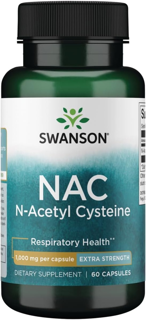 Swanson NAC N-Acetyl Cysteine - Antioxidant Anti-Agging Suport hepatic respirator - Aminoacid Supliment 1000 mg 60 Capsule