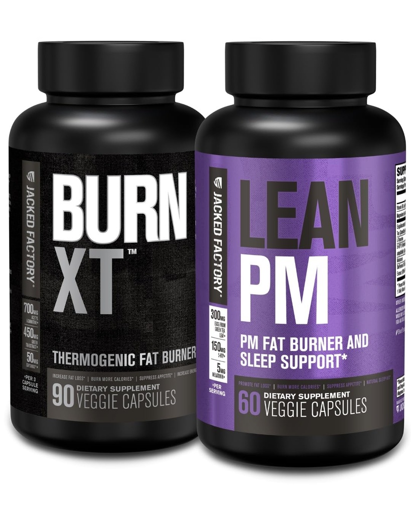 Fabrica Jacked Burn XT Fat Burner - Appetit Supressant & Nootropic Energy Booster (90 capsule) și Lean PM pierdere în greutate Supliment, Sleep Support (60 capsule)